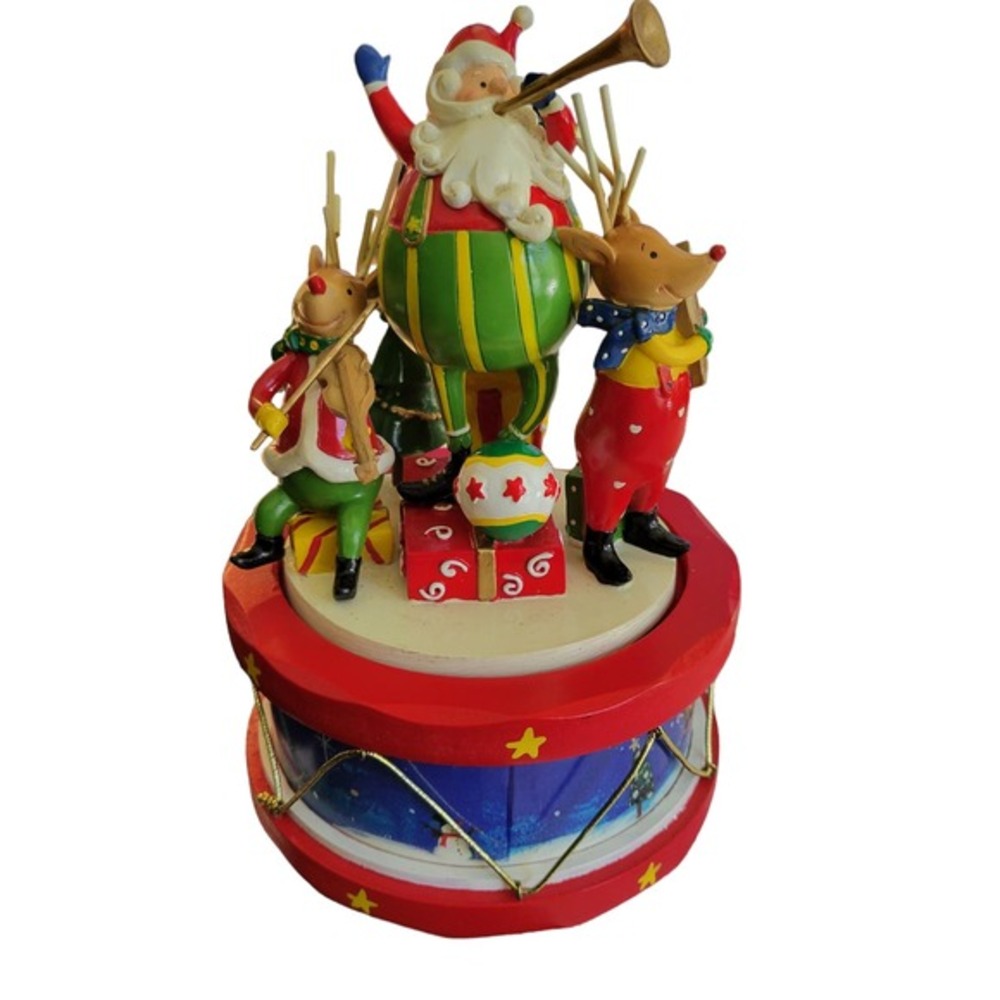 Wooden Santa & 2 Reindeer On A Musical Rotating Drum Christmas Decoration